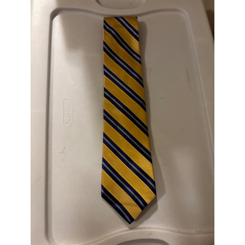 Tommy Hilfiger Men's Silk Tie Gold Navy Blue Striped Preppy